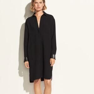 Vince Collared Long Sleeve Relaxed Shirt Dress Faux Leather Trim Black Small